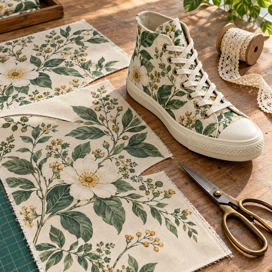 A printed canvas upper being assembled onto a sole