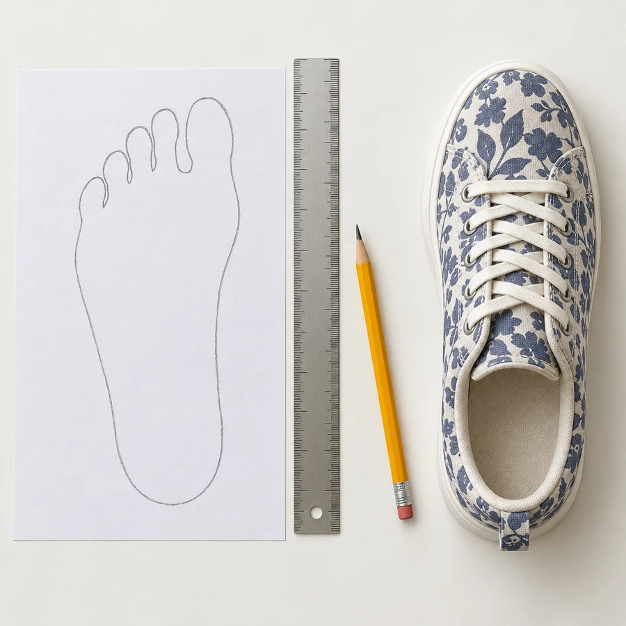 Measuring a foot on paper with a ruler for sneaker sizing