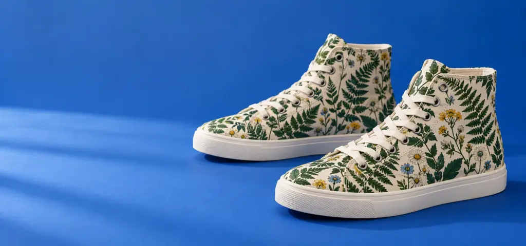 Custom printed high-top sneakers on a studio backdrop