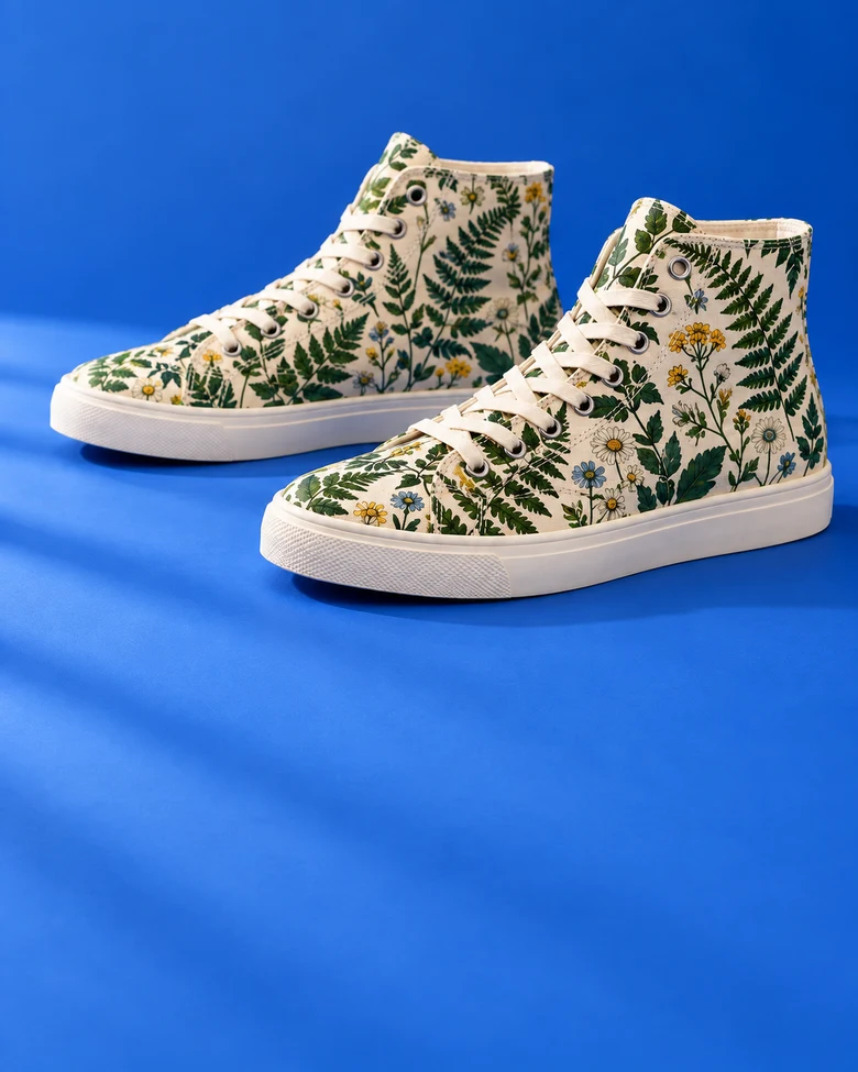 Custom printed high-top sneakers, close-up